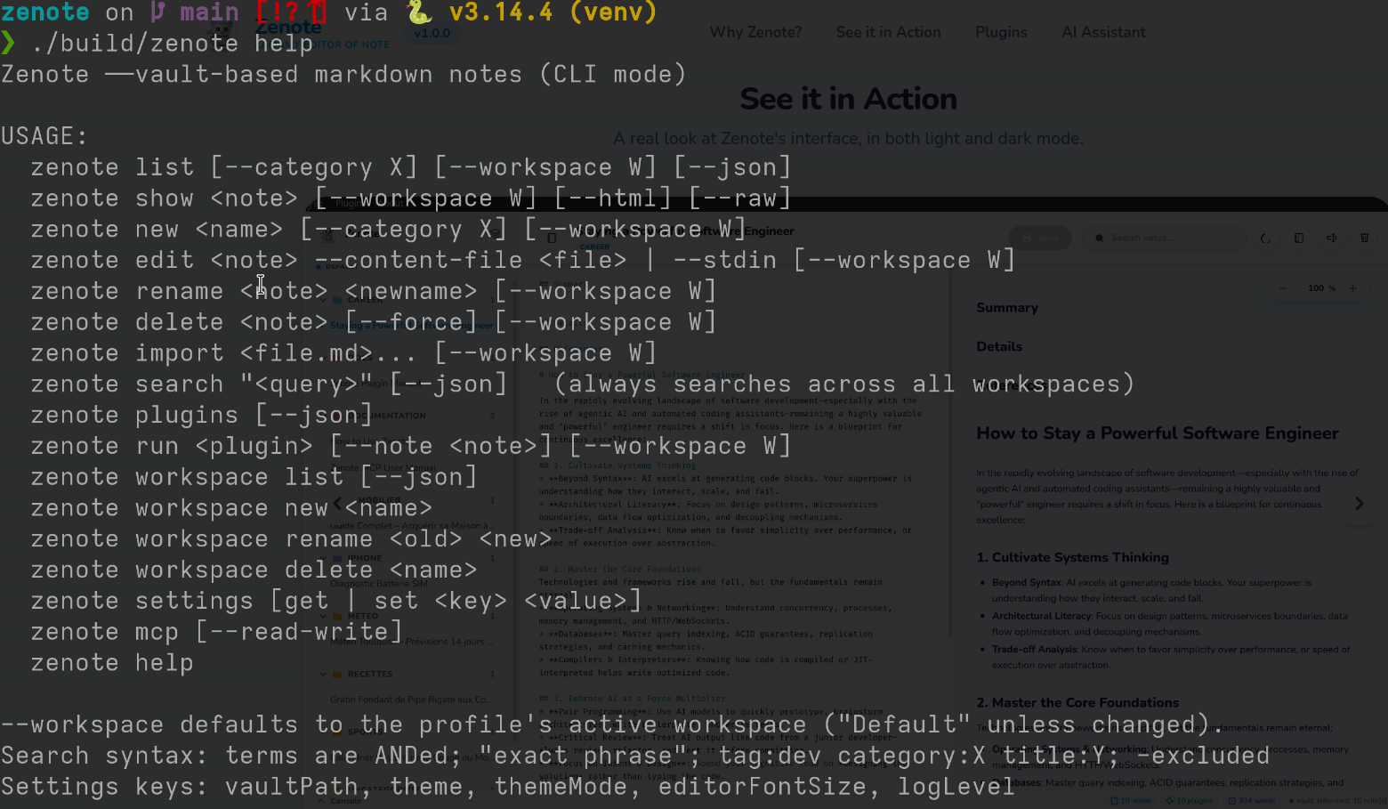 Zenote CLI help output, listing all available commands