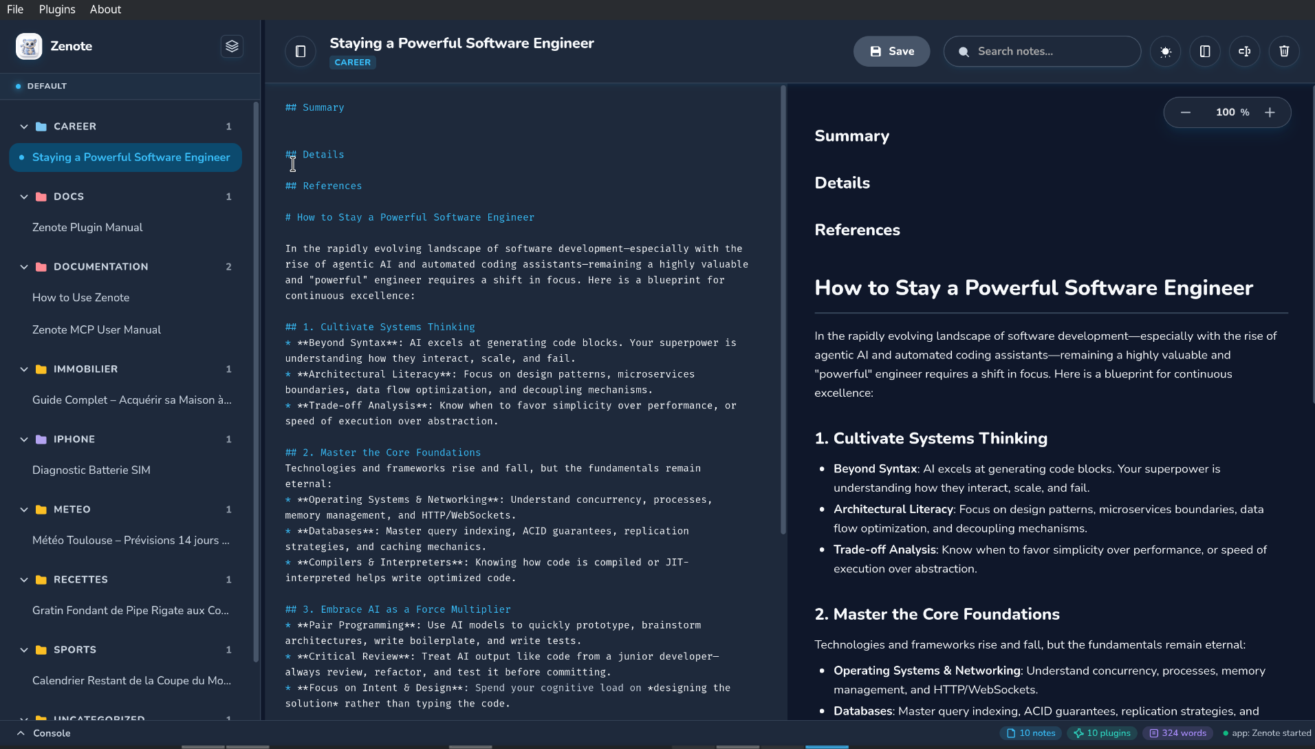 Zenote in dark mode, showing the note editor with a live markdown preview