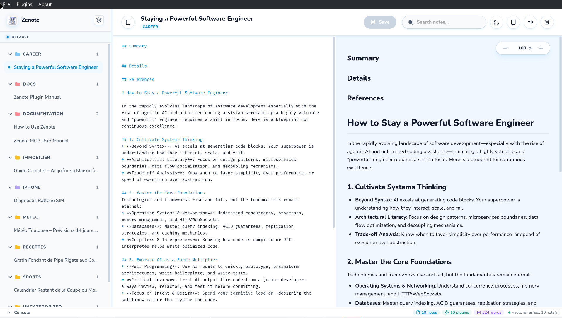 Zenote in light mode, showing the note editor with a live markdown preview